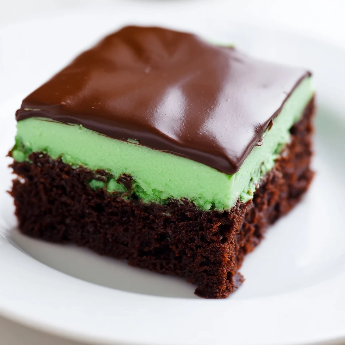 A baking pan of Green Mint Brownies topped with mint frosting, ready to be served with a cold glass of milk.