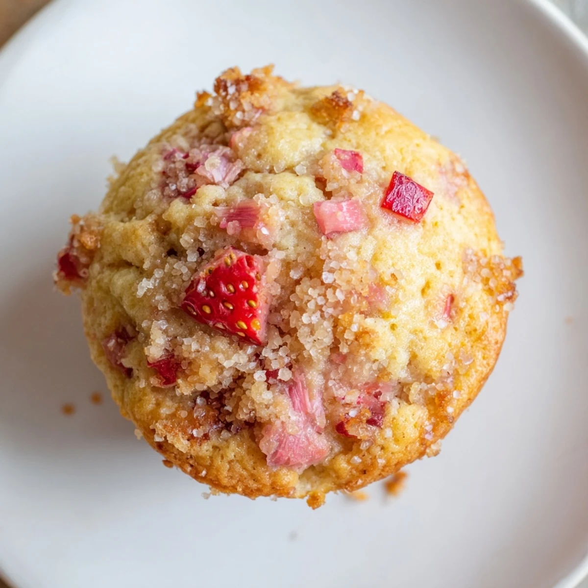 Warmly baked Strawberry Rhubarb Muffins reveal golden tops with sugary sparkles and fruity jam bubbling in the center.