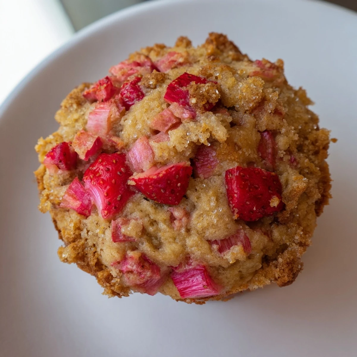 Freshly baked Strawberry Rhubarb Muffins feature tender crumb, ruby fruit chunks, and a rustic turbinado sugar crust.