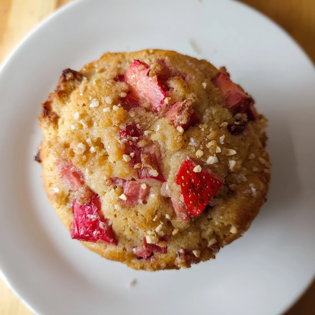 Golden brown Strawberry Rhubarb Muffins rest on a cooling rack with sliced strawberries and rhubarb beside them.