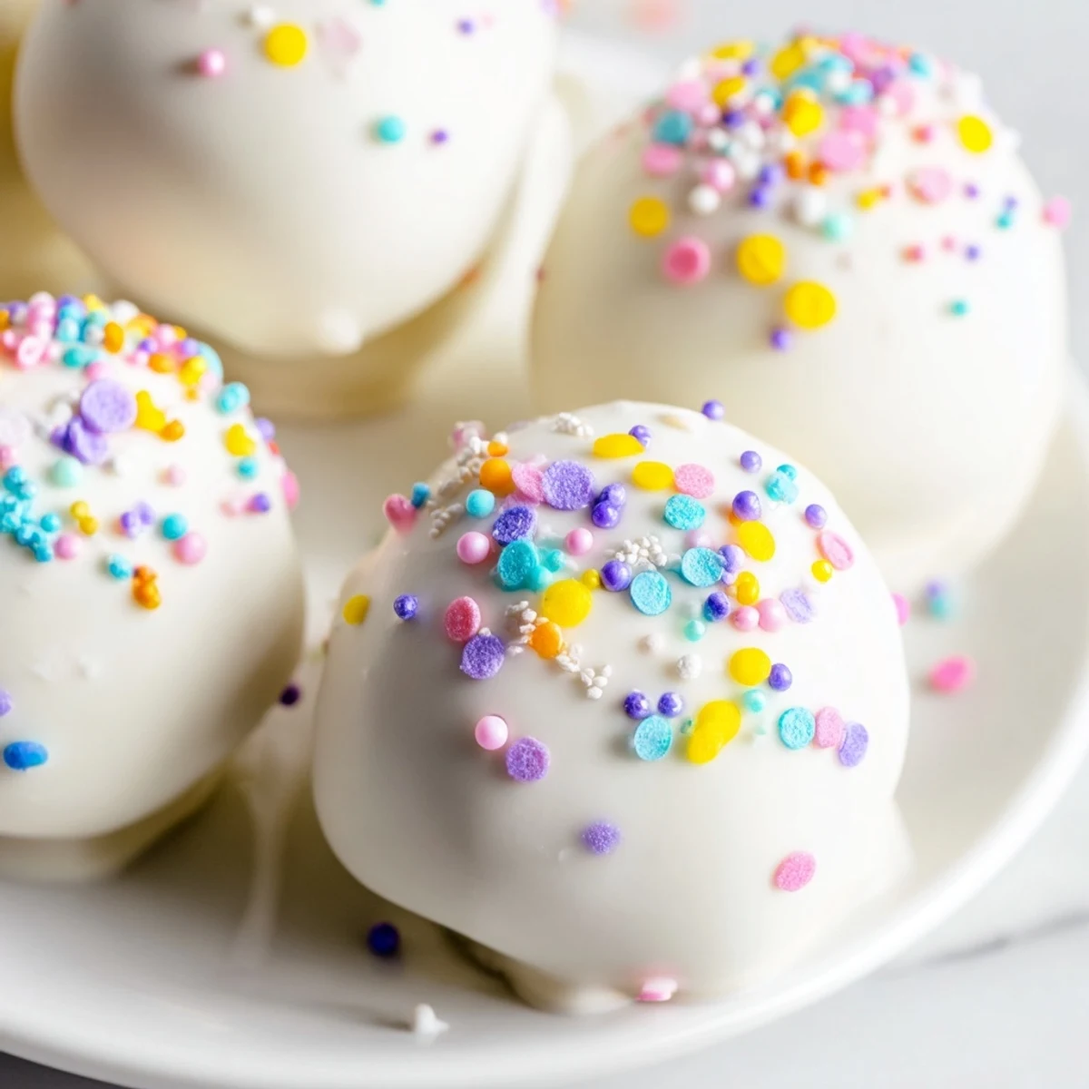 A close-up of a glossy Easter Egg Cake Pop with blue and pink coating, held in a hand against a blurred kitchen background.