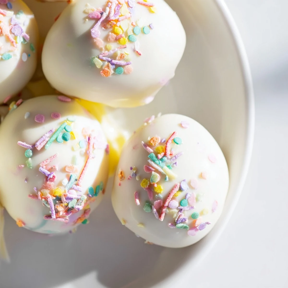 Pastel Easter Egg Cake Pops arranged on a white plate with sprinkles and a wooden serving board for a spring party.