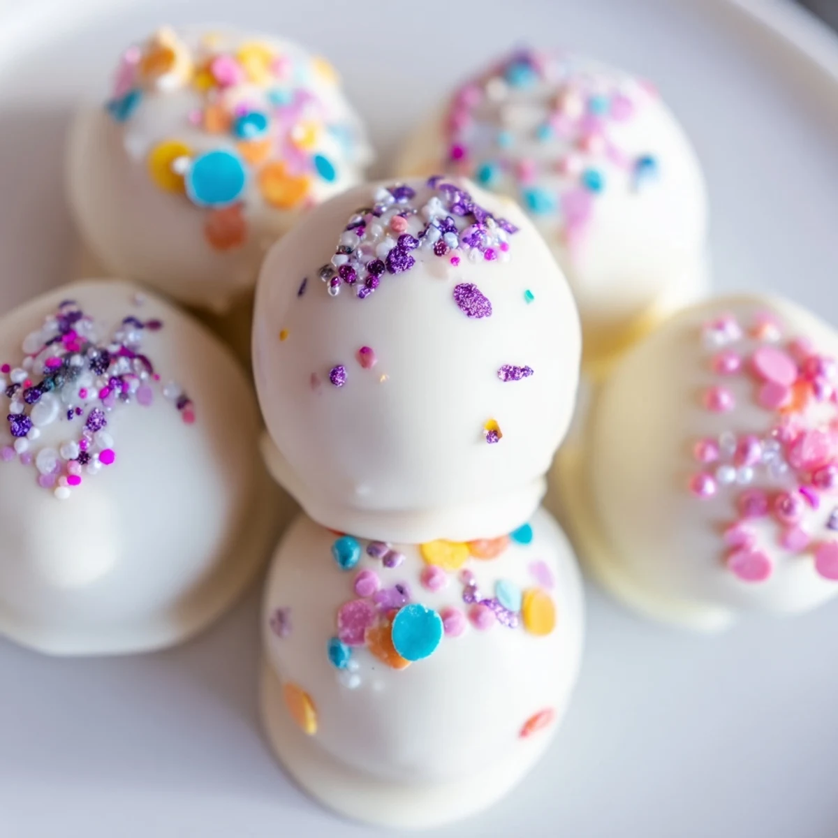 Easter Egg Cake Pops displayed upright in a styrofoam block, surrounded by colorful sugar sprinkles and candy melts for decoration.