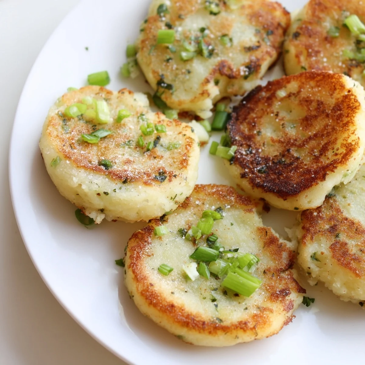 A close view of Irish Potato Cakes with Scallions showing fluffy interiors and crispy golden edges.