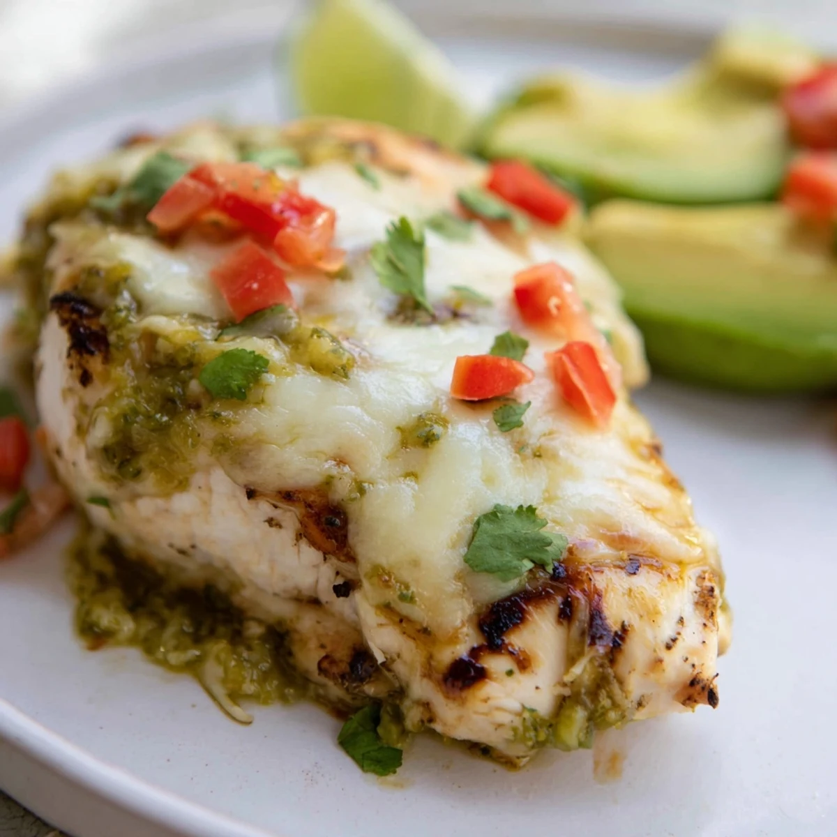 Sizzling grilled Grilled Salsa Verde Pepper Jack Chicken fresh off the grill with lime wedges and fresh cilantro.