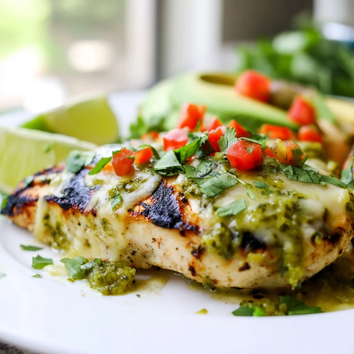 Perfectly grilled chicken breasts topped with melted pepper jack cheese and vibrant salsa verde for a zesty finish.