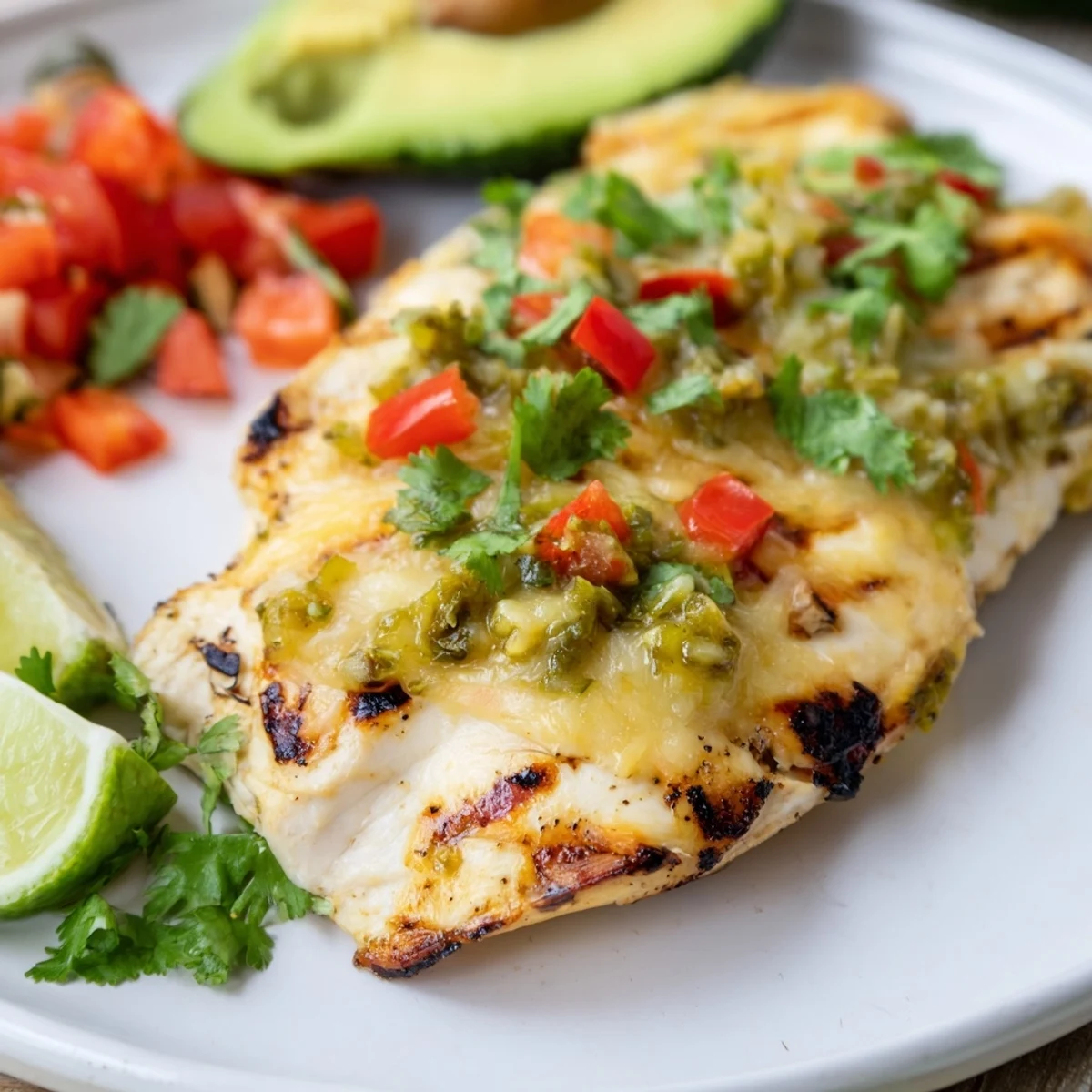 Juicy Grilled Salsa Verde Pepper Jack Chicken served with creamy avocado slices and diced tomatoes on a rustic plate.