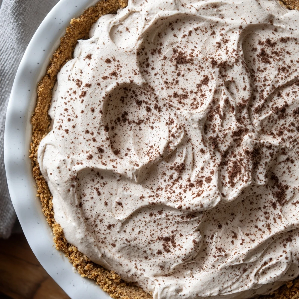 A slice of Keto Cold Brew Coffee Pie reveals a smooth, coffee-infused layer and fluffy whipped cream topping on a gluten-free crust.