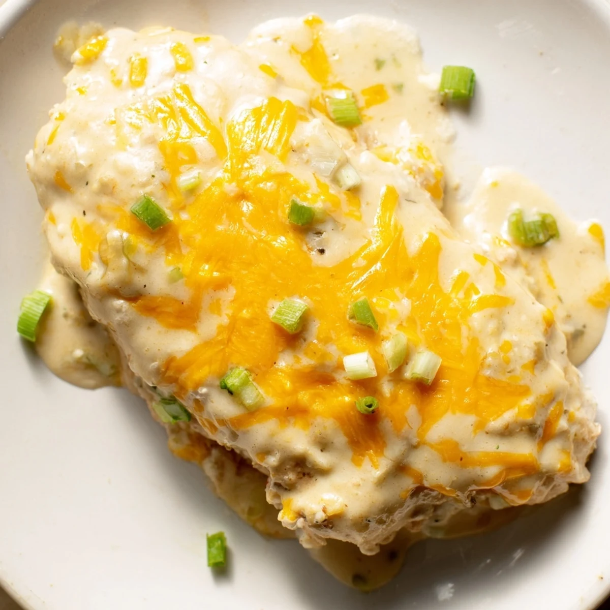 Golden-baked chicken breasts coated in creamy sour cream and onion sauce, topped with melted cheddar and fresh green onions for a comforting weeknight dinner.