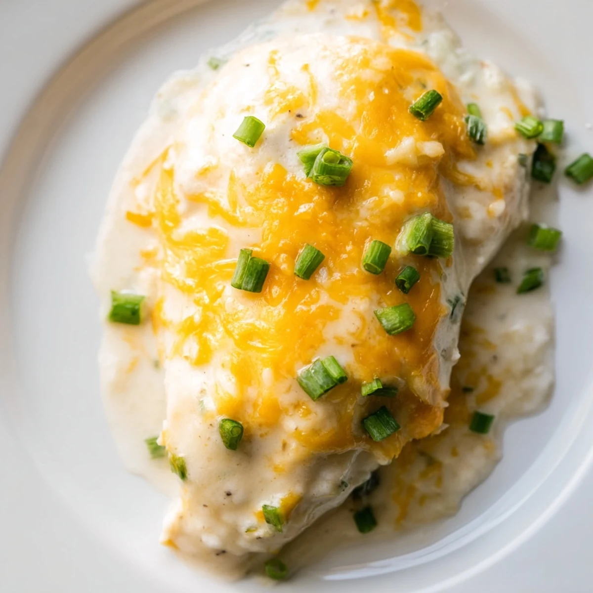 Freshly baked sour cream and onion chicken with a golden, cheesy crust, resting in a dish with a side of colorful steamed vegetables.