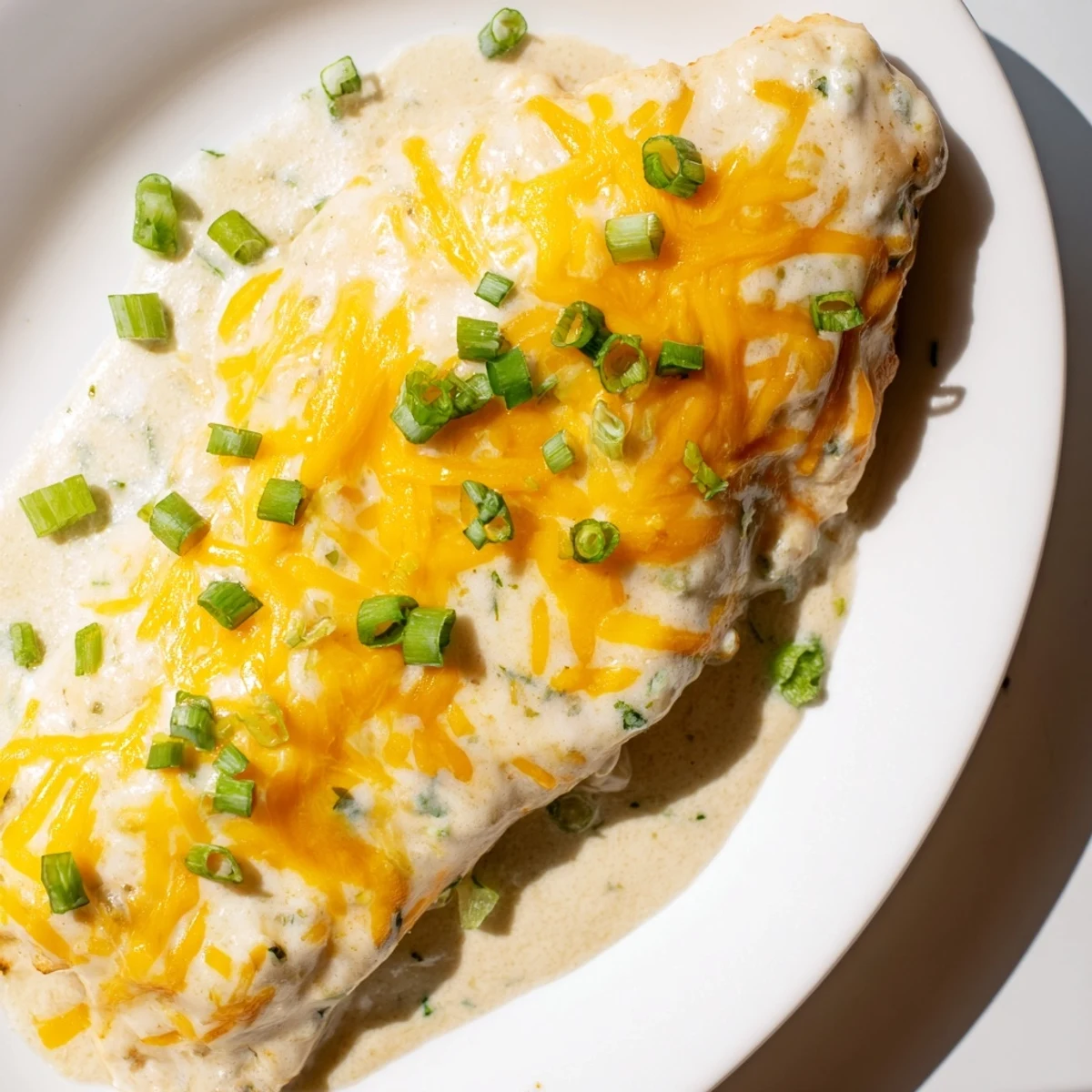 Juicy chicken breasts with a bubbly sour cream and onion topping, garnished with fresh chives, served alongside fluffy mashed potatoes for a complete meal.