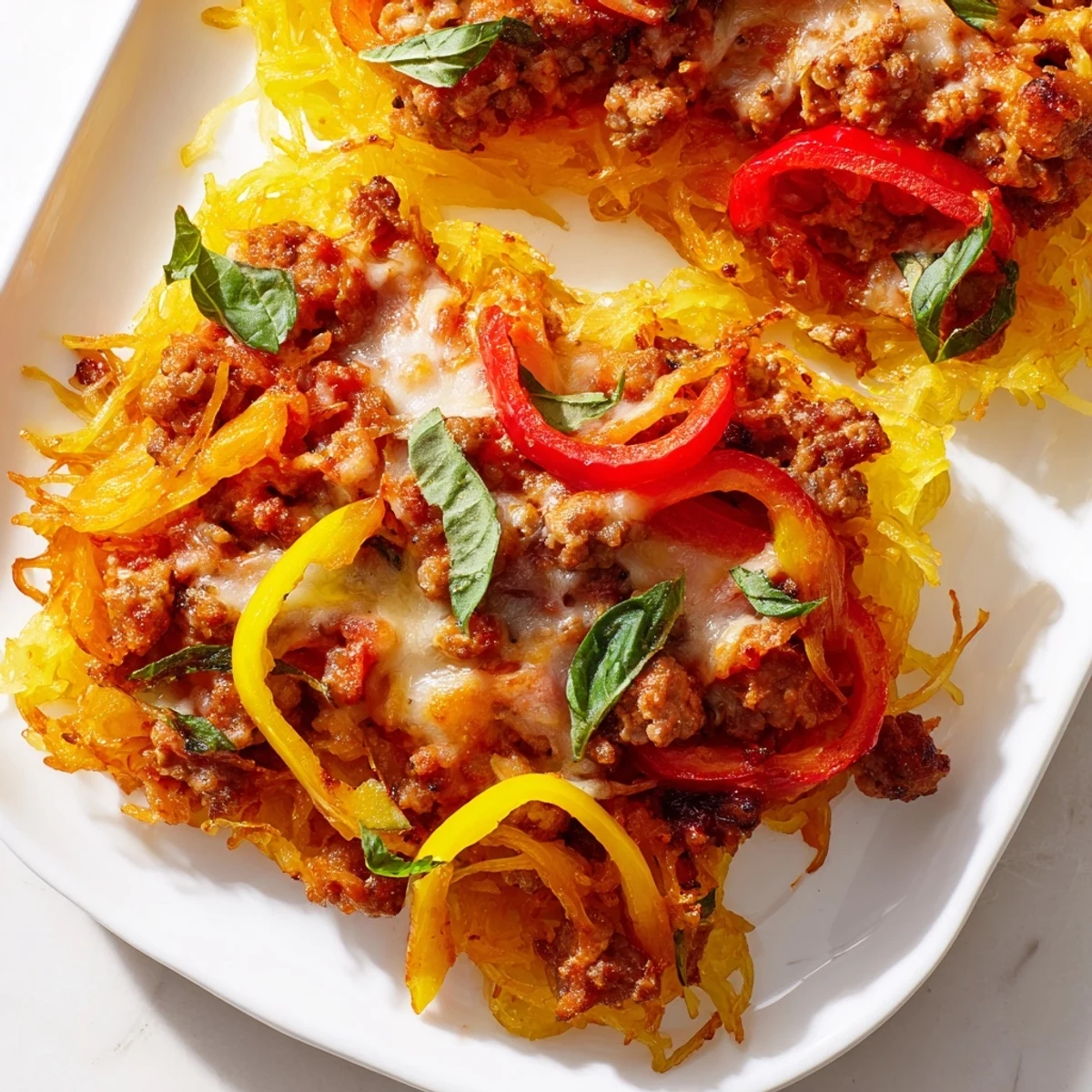 Golden, bubbly mozzarella and Parmesan top this Sausage and Peppers Spaghetti Squash Casserole, revealing colorful peppers and savory sausage underneath.