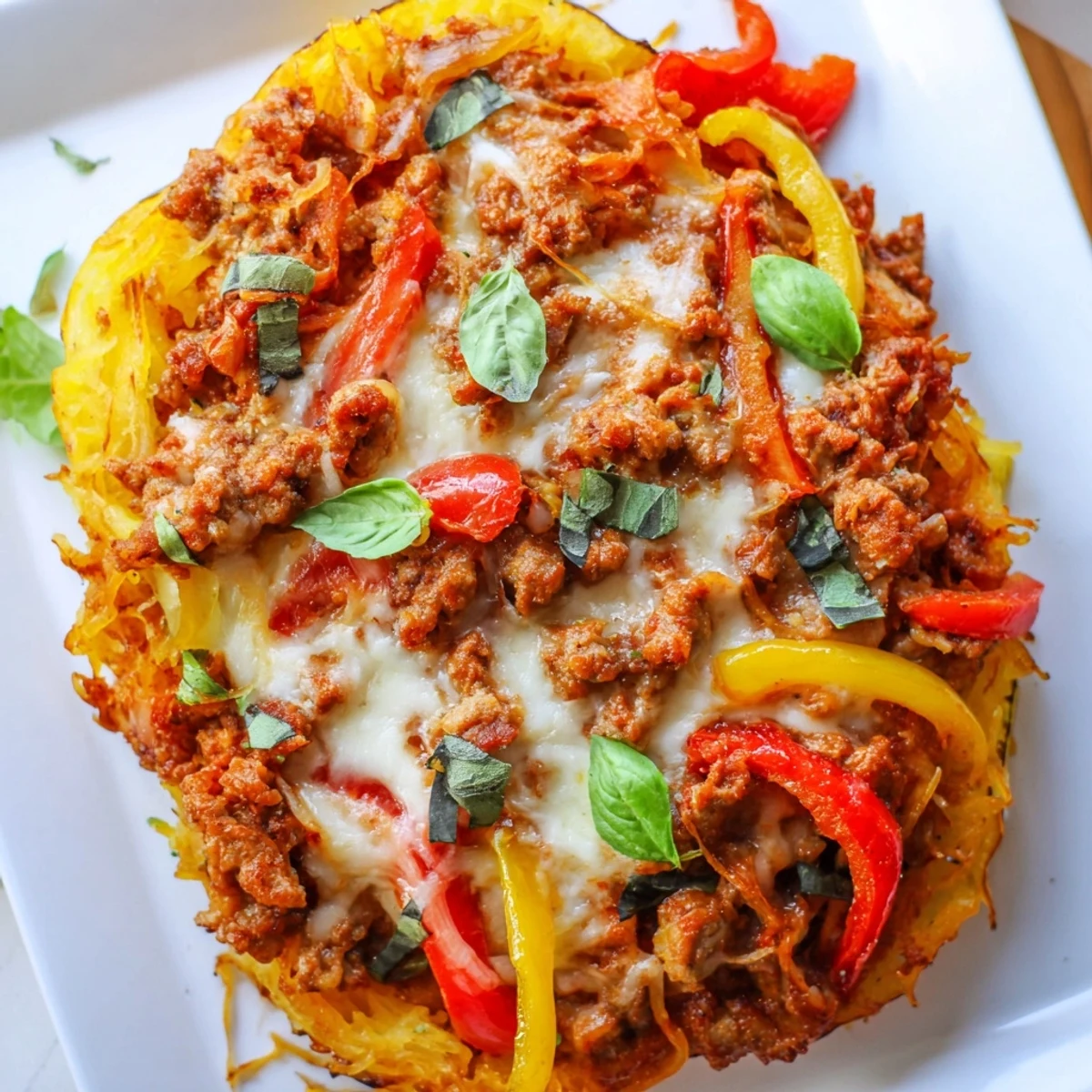 Fresh basil garnish and a fork resting beside the casserole highlight the gluten-free, low-carb pasta alternative for weeknight dinners.