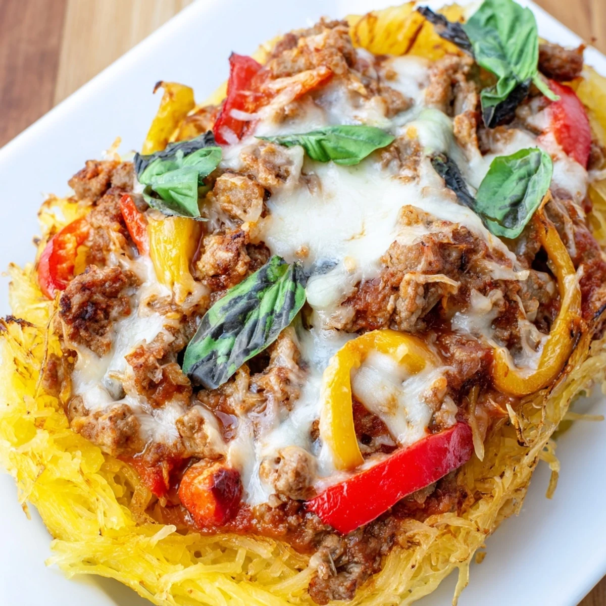 A hearty serving of Sausage and Peppers Spaghetti Squash Casserole in a white dish, showcasing roasted squash strands mixed with rich marinara.