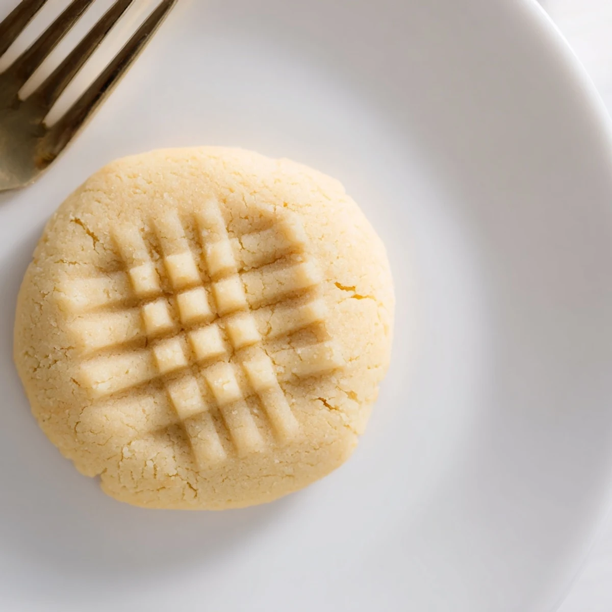 These keto butter cookies show a light golden edge and soft center on a marble background.