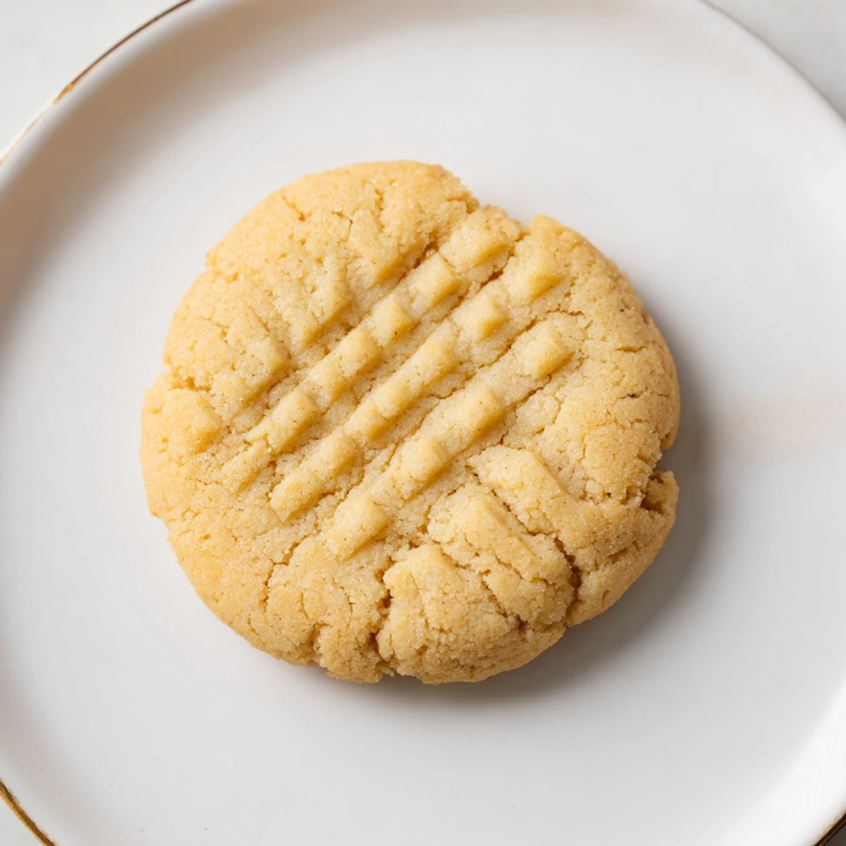 Tender keto butter cookies with crisscross fork marks on a white plate, dusted with powdered sweetener.