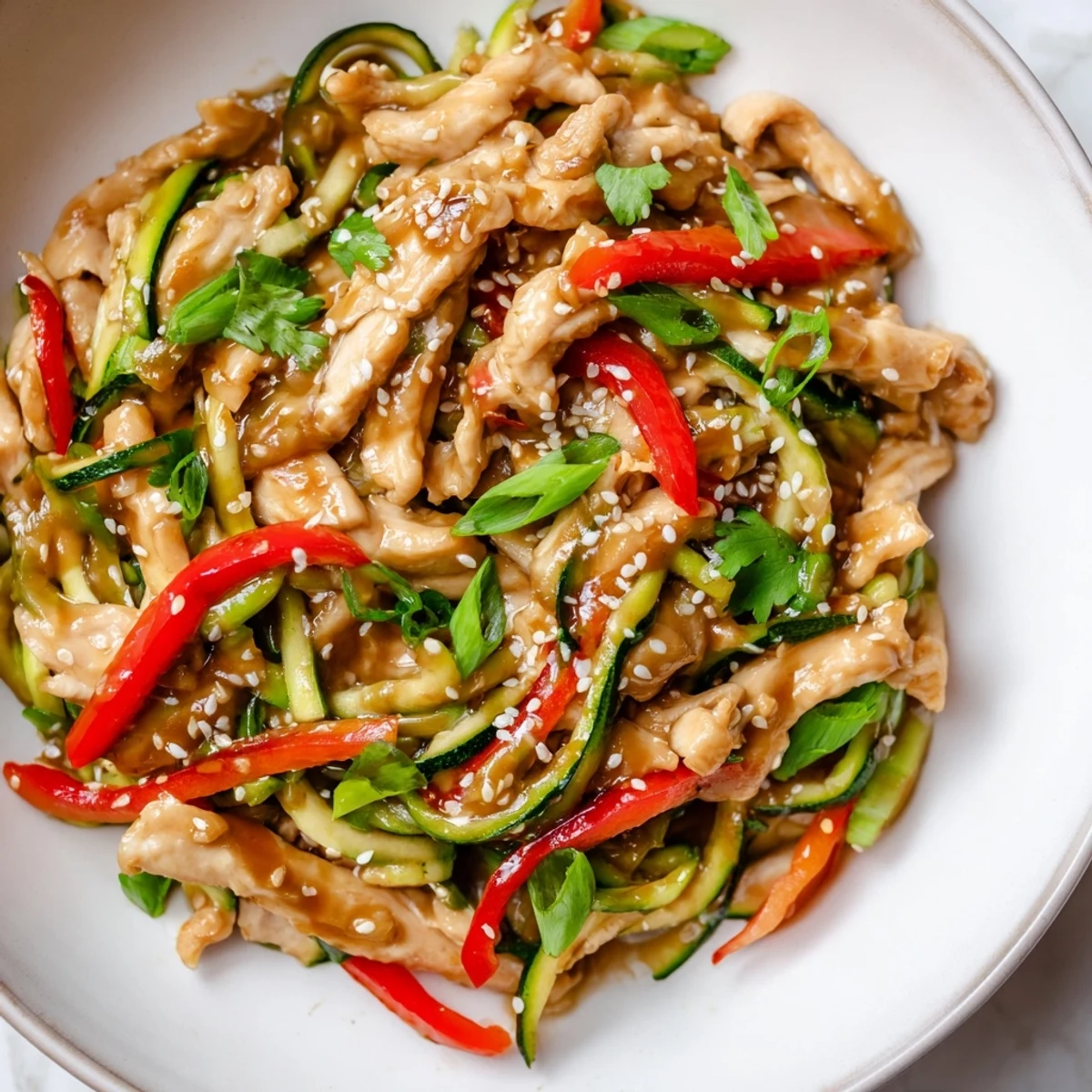 Garlic Chicken Zucchini Noodles Stir Fry features tender chicken and crisp zucchini noodles tossed in a savory garlic sauce, served hot with sesame seeds.