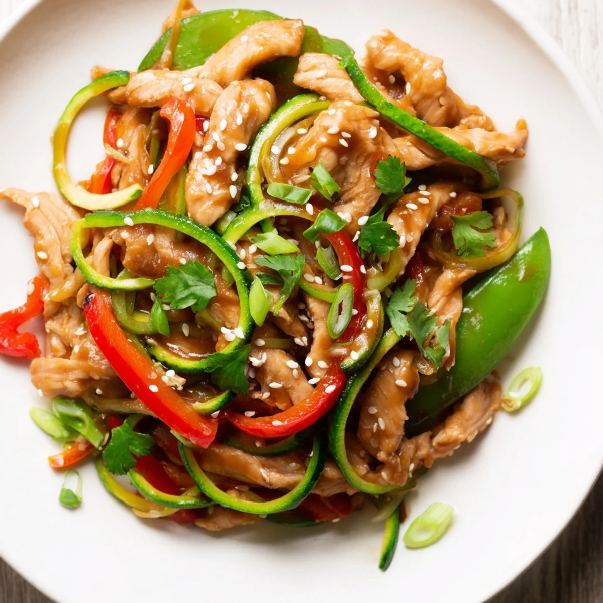 In this low-carb Garlic Chicken Zucchini Noodles Stir Fry, spiralized zucchini meets juicy chicken breast in a wok, ready to serve four people for dinner.