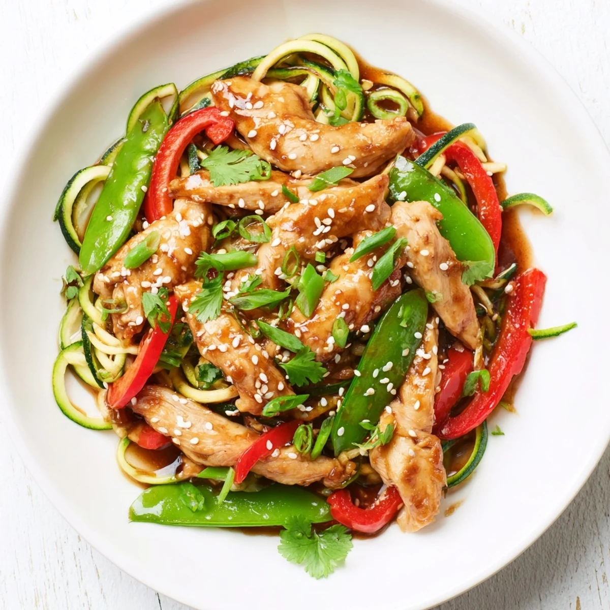 A close-up view of Garlic Chicken Zucchini Noodles Stir Fry with sliced chicken, red bell peppers, and snap peas in a glossy sauce, garnished with cilantro.