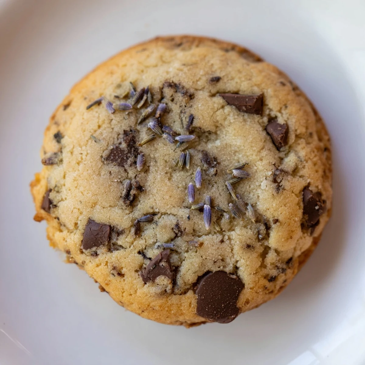Freshly baked lavender chocolate chip cookies on a wire rack with golden edges and melty chocolate chips.