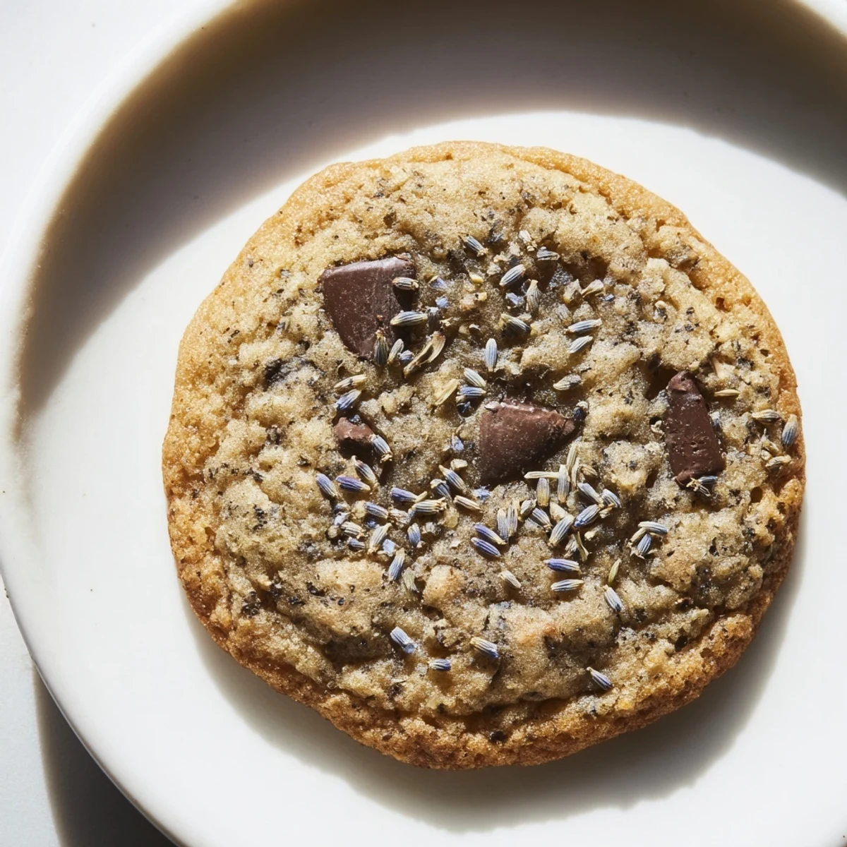 A close-up of lavender chocolate chip cookies with a soft center and cracked tops ready to enjoy.