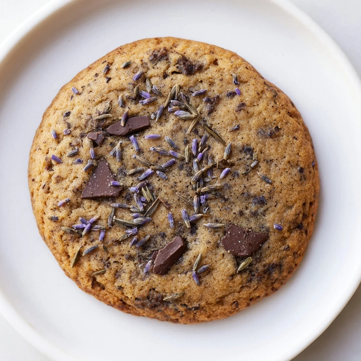 Delicate lavender chocolate chip cookies on a baking sheet, paired with a steaming cup of Earl Grey tea.