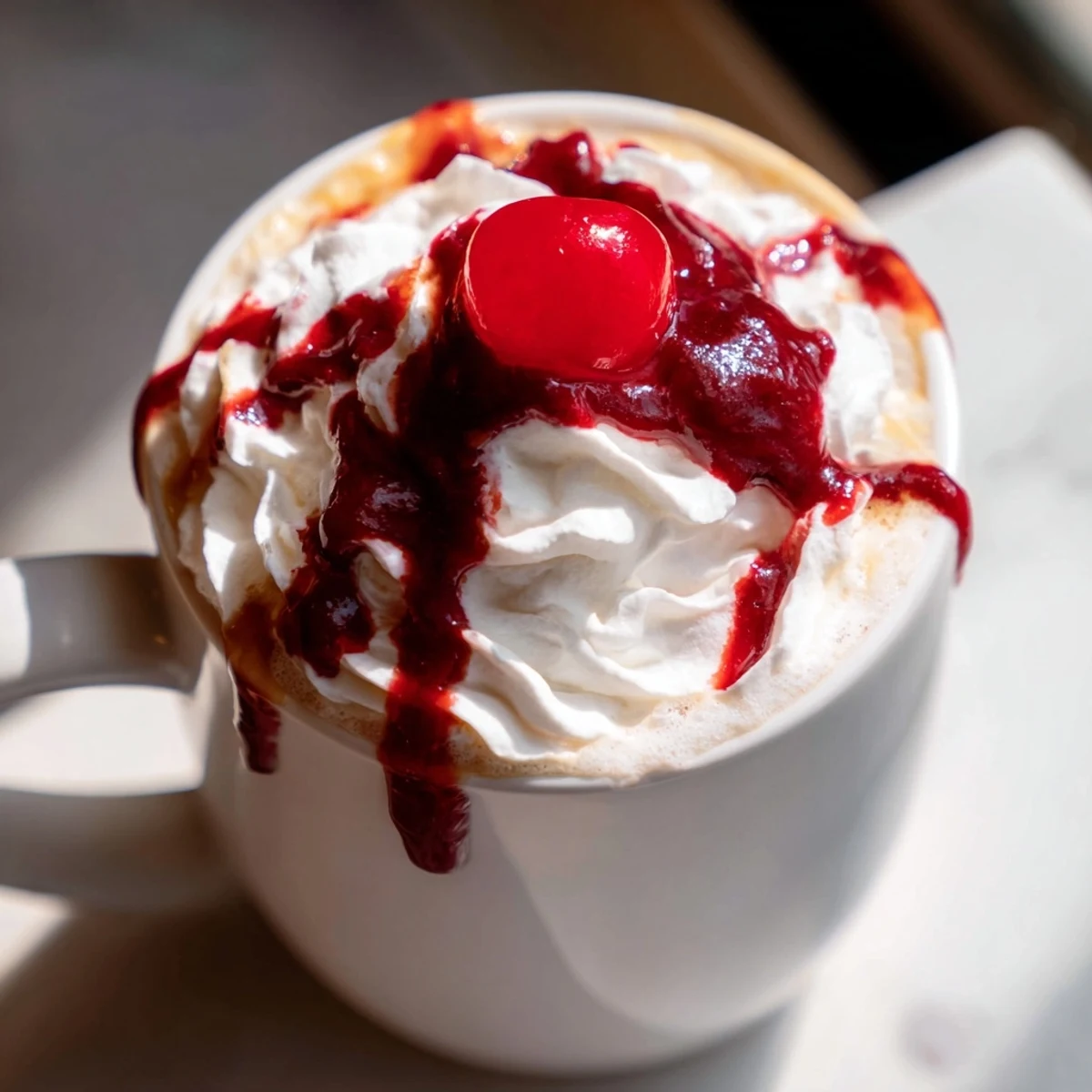 Creamy Viral Cherry Vanilla Latte topped with whipped cream and a fresh cherry garnish.