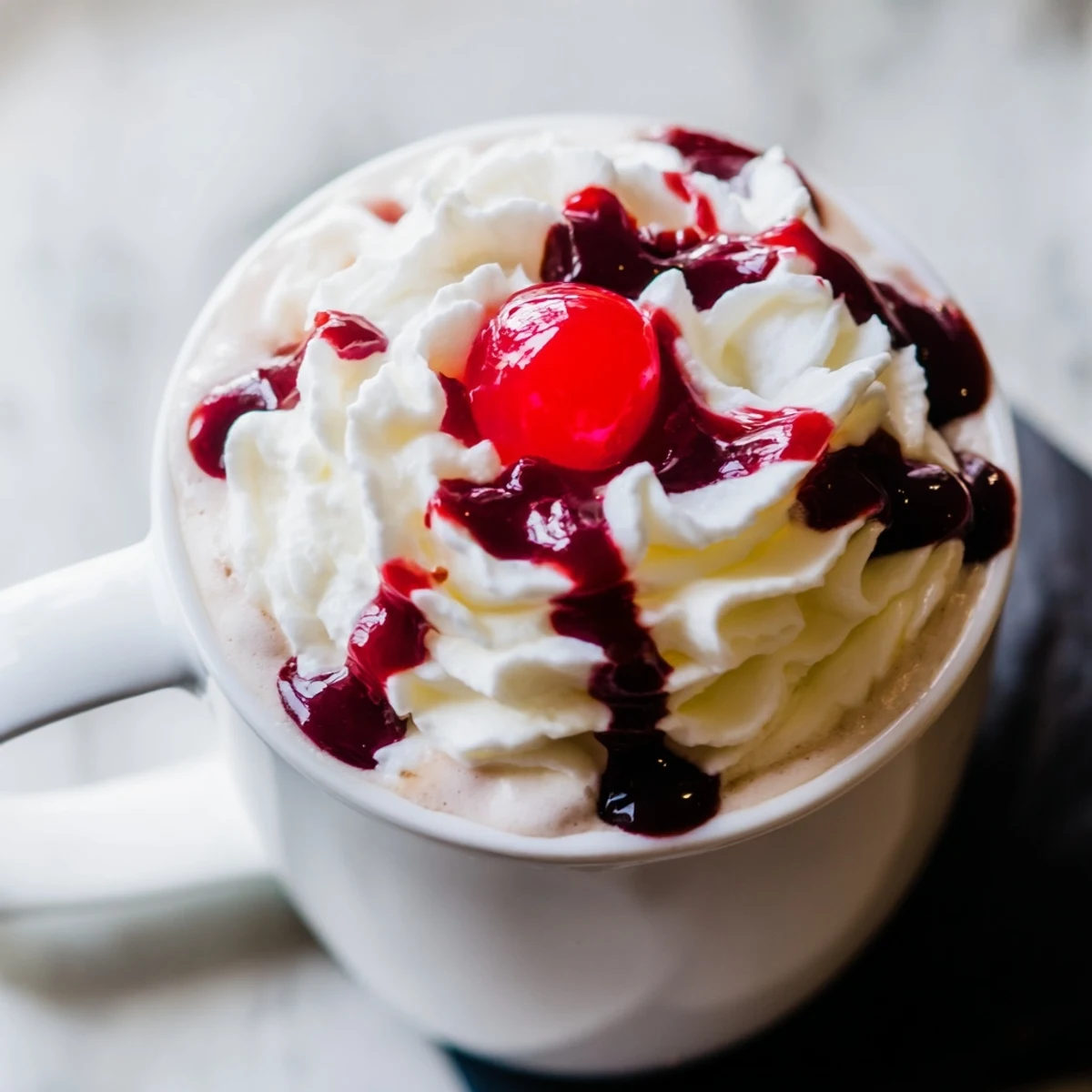 Steamy Viral Cherry Vanilla Latte with cherry syrup swirls and rich espresso aromas.