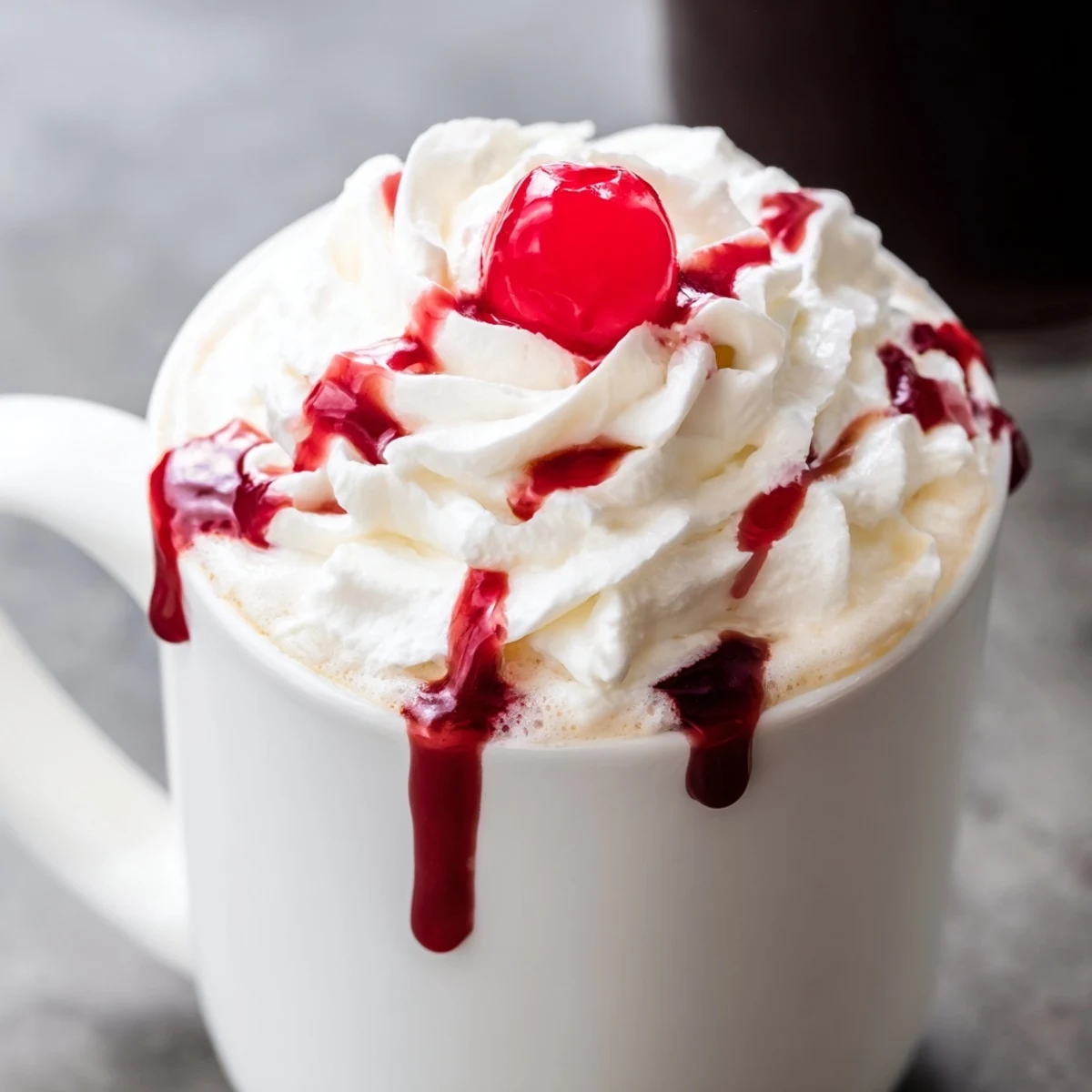 Iced Viral Cherry Vanilla Latte with a drizzle of cherry syrup and maraschino cherries.