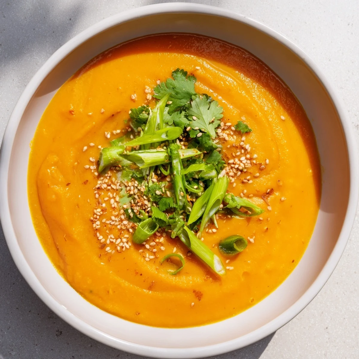 Steaming bowl of Spicy Miso Carrot Soup with fresh cilantro and sesame seeds garnish.
