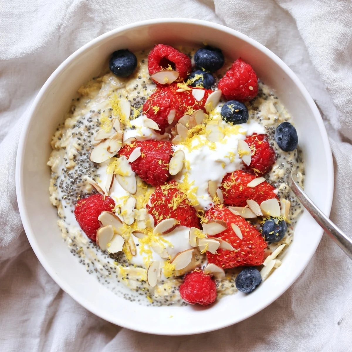 Creamy Vegan Lemon Poppy Seed Overnight Oats in a glass jar topped with fresh berries and sliced almonds.