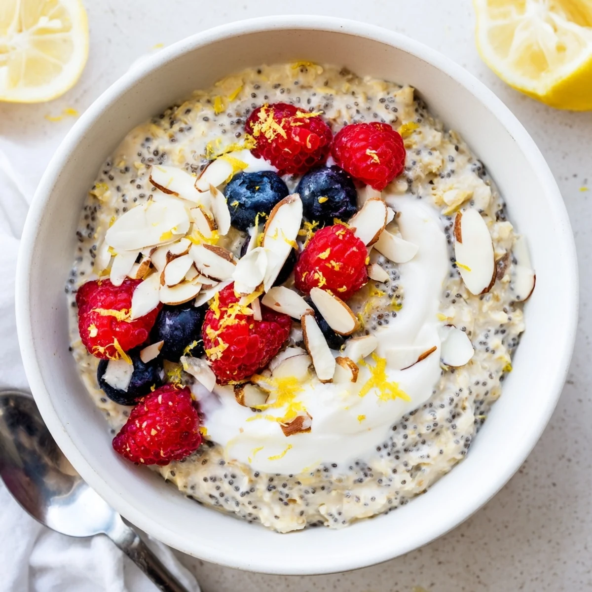 Vegan Lemon Poppy Seed Overnight Oats served in a bowl with a spoon and a drizzle of maple syrup.