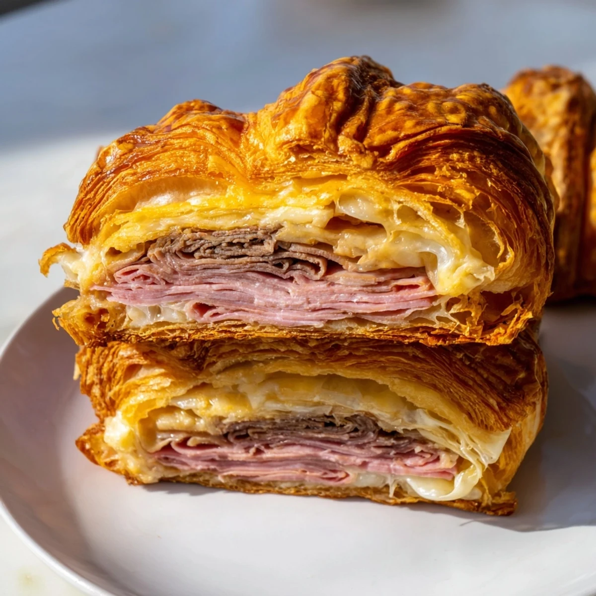 Golden, flaky Easy Air Fryer Beef Ham Cheese Croissants filled with savory meats and melted cheese on a rustic wooden table.