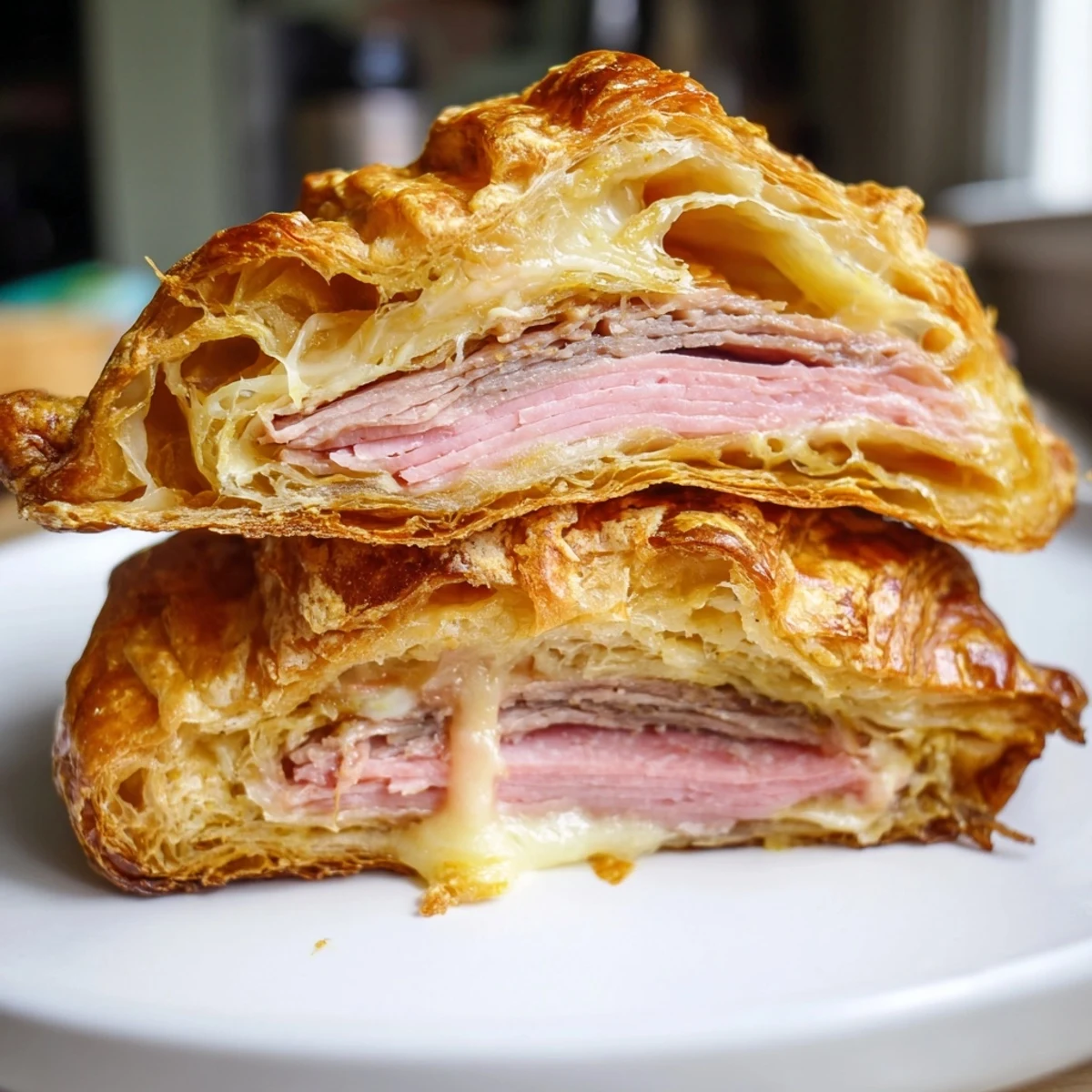 Freshly cooked Easy Air Fryer Beef Ham Cheese Croissants with crisp layers and melted Swiss cheese, served warm for breakfast.