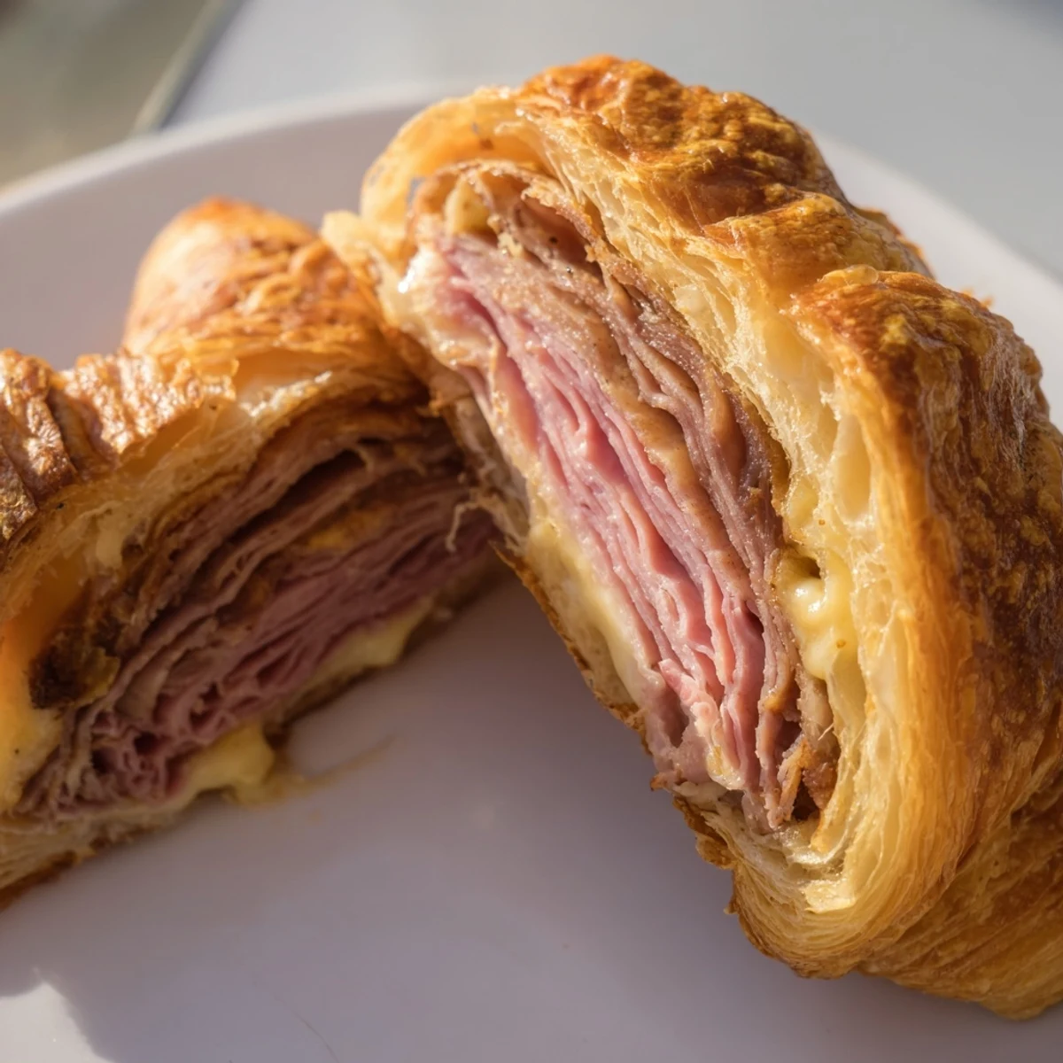 Overhead view of Easy Air Fryer Beef Ham Cheese Croissants beside a small bowl of mustard dipping sauce for snacking.