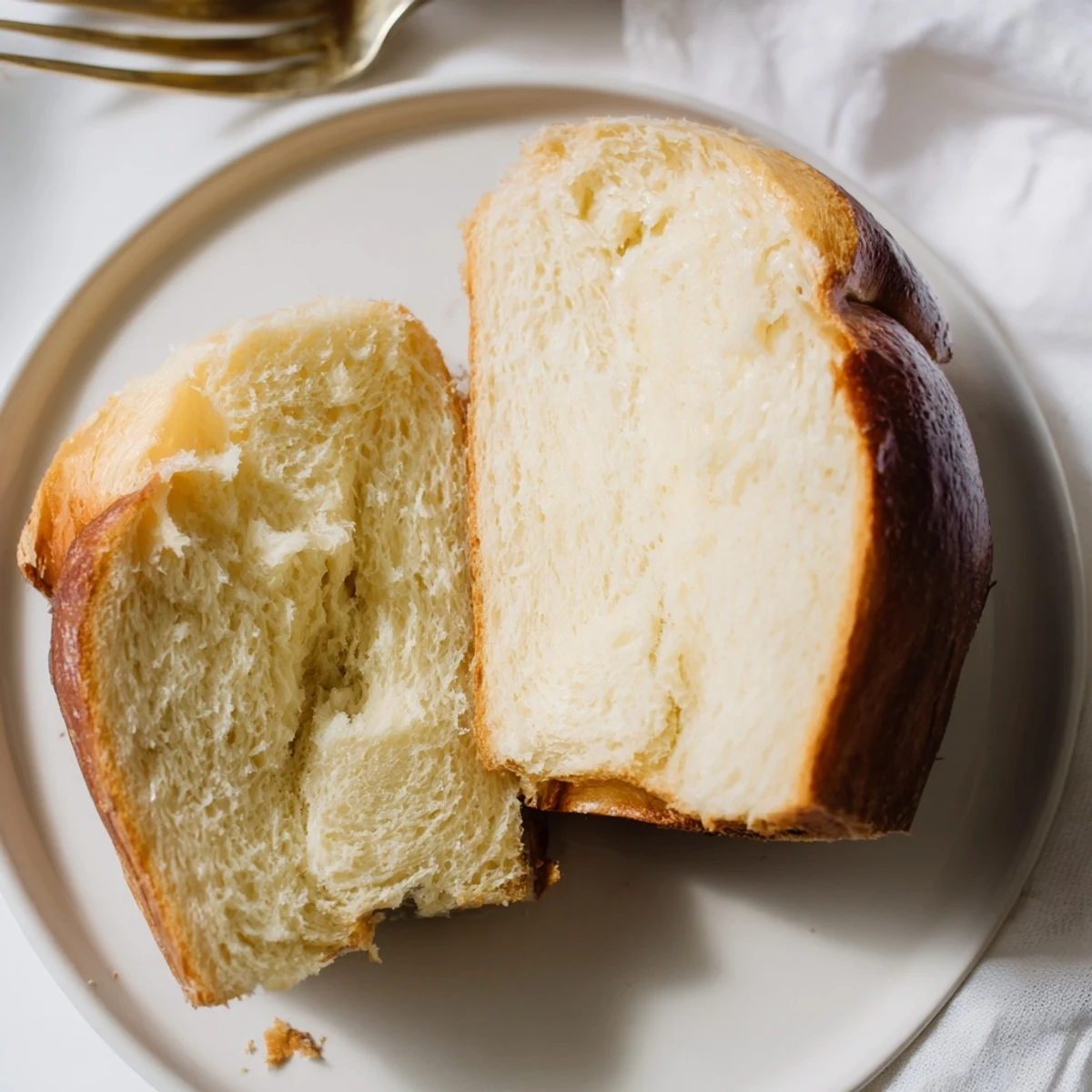 Freshly baked Milk Brioche sits on a rustic wooden cutting board, showcasing its golden-brown crust and soft, buttery interior.