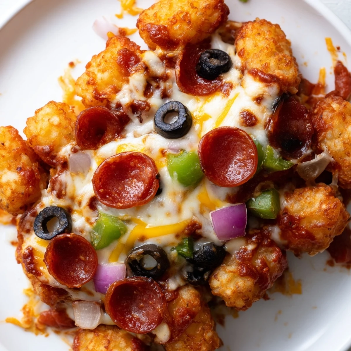 Golden, bubbly mozzarella and crispy tater tots in Cheesy Pizza Tot Casserole, with pepperoni and olives, served warm from the oven.