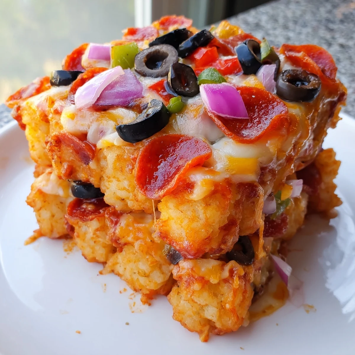 Melted cheddar and Parmesan blanket the Cheesy Pizza Tot Casserole, dotted with pepperoni and bell peppers on a rustic wooden table.