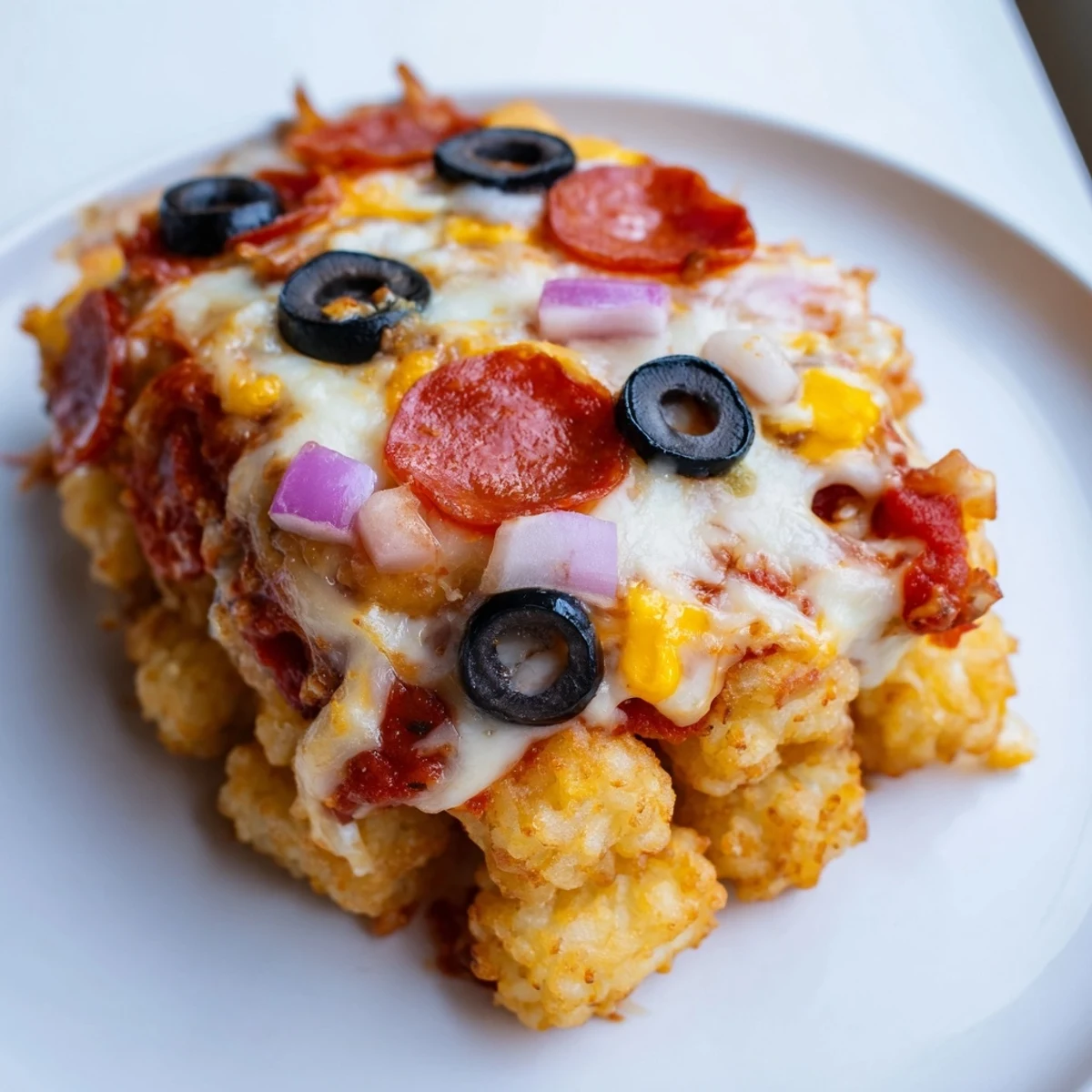 The family-friendly Cheesy Pizza Tot Casserole features a crispy tot base, rich pizza sauce, and colorful toppings perfect for weeknights.