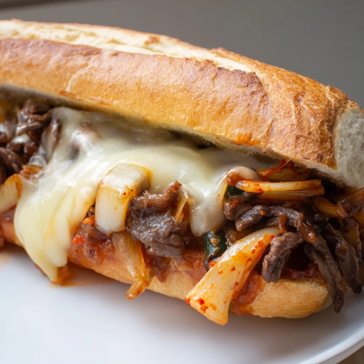 Golden-brown toasted hoagie rolls stuffed with savory Korean bulgogi beef, tangy kimchi, and melted provolone cheese for an irresistible cheesesteak fusion.