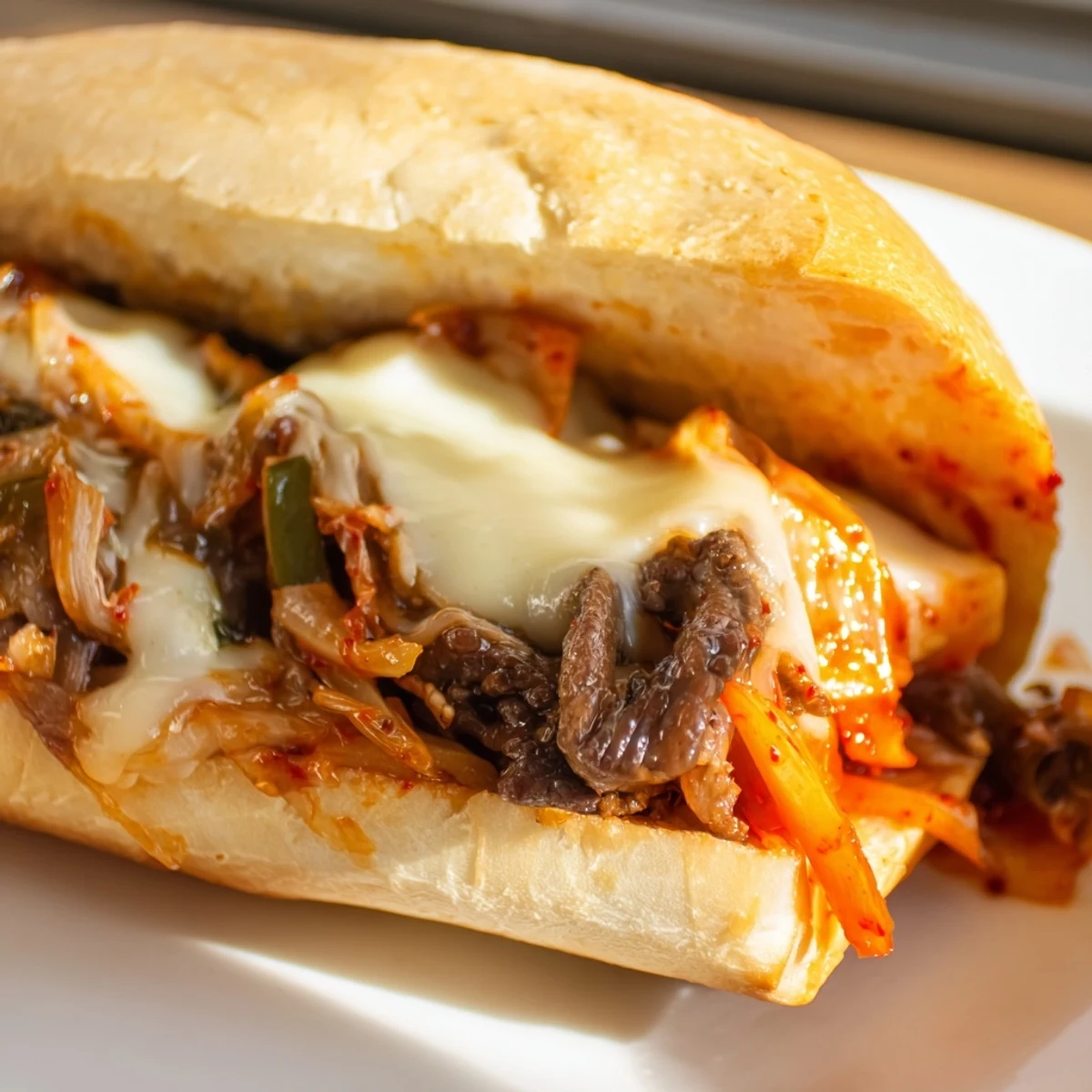 A close-up of the melty Irresistible Korean Kimchi Bulgogi Cheesesteak showing juicy beef, spicy kimchi, and gooey cheese inside a toasted bun.