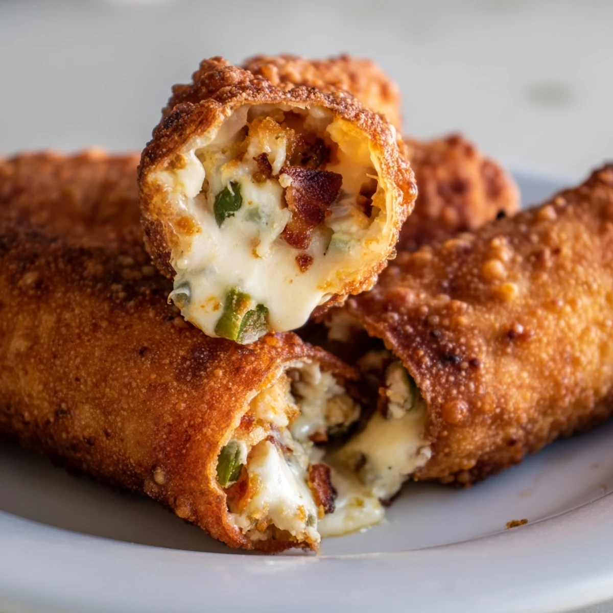 Golden brown Bacon Jalapeno Popper Eggrolls are stacked on a plate, with creamy filling peeking out from crispy, fried wrappers.