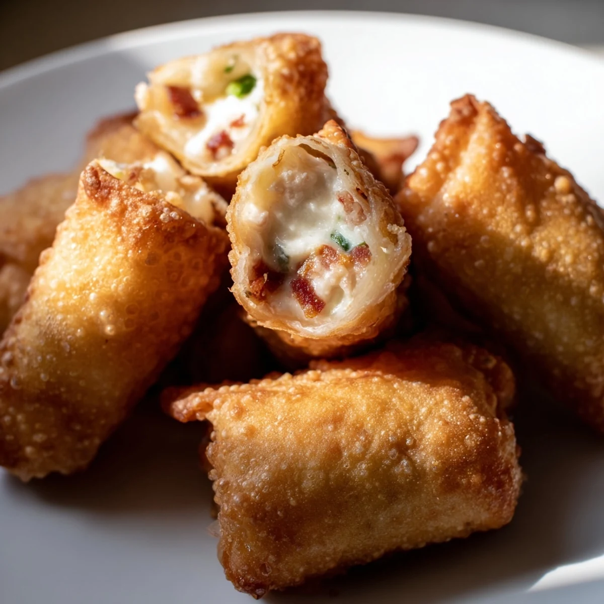A close up view shows Bacon Jalapeno Popper Eggrolls with visible bits of bacon and spicy jalapeño inside.