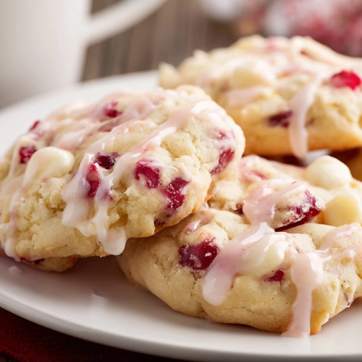 Soft, chewy Irresistible Maraschino Cherry Cookies glazed with almond icing on a cooling rack.