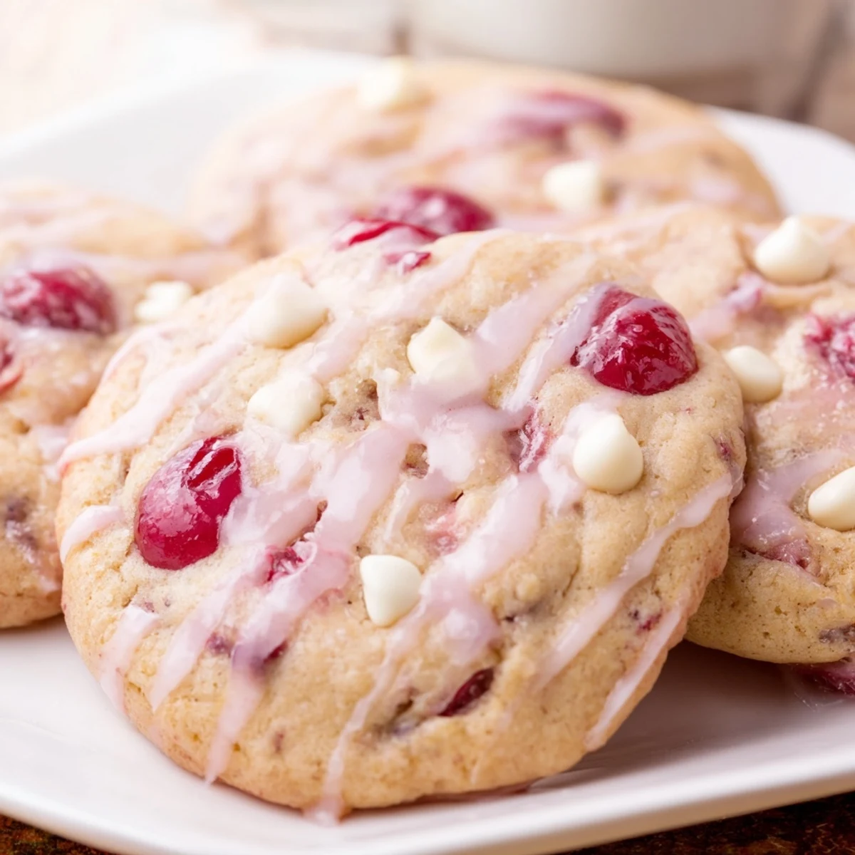 A close-up of Irresistible Maraschino Cherry Cookies studded with bright red fruit and white chocolate chips.