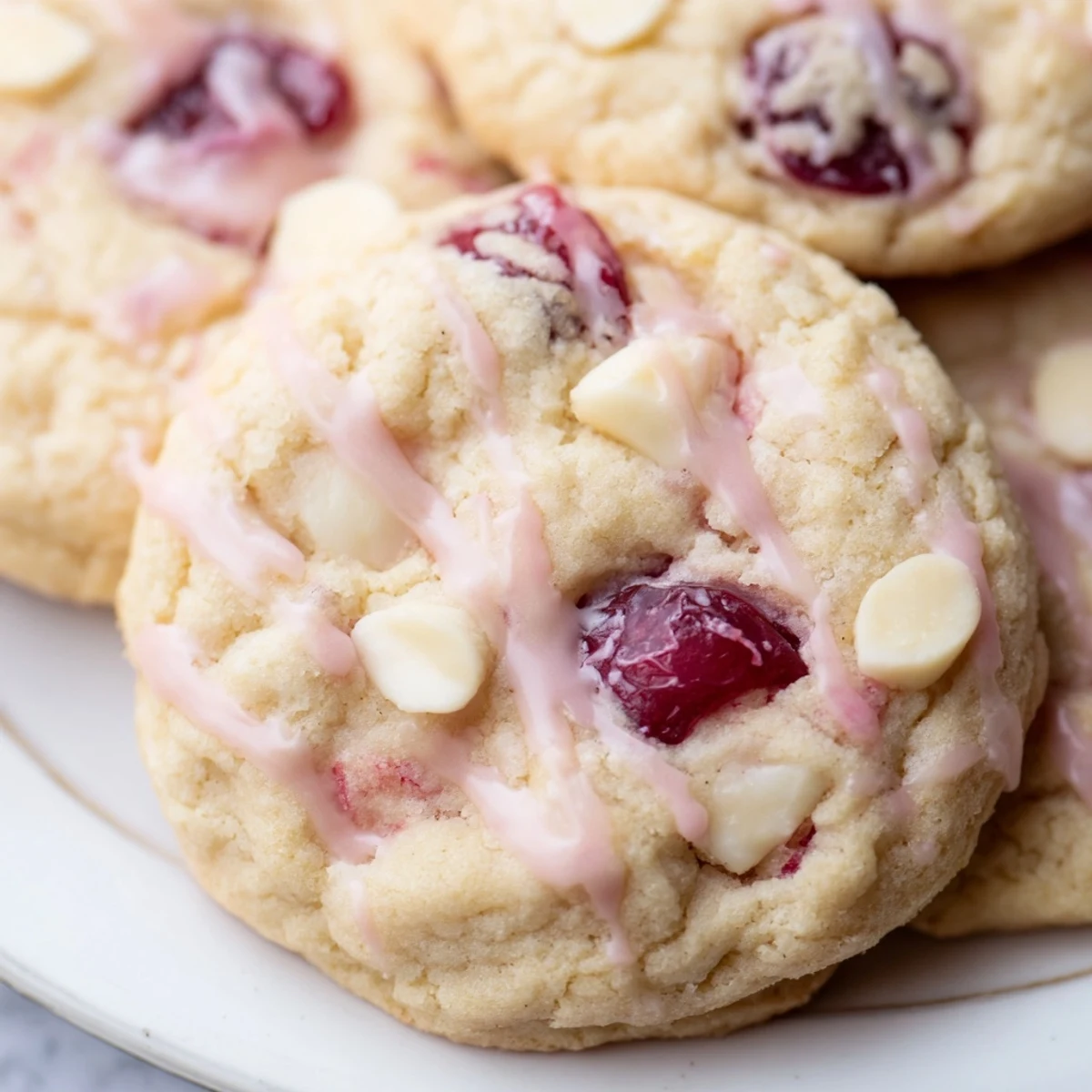 Pink Irresistible Maraschino Cherry Cookies drizzled with sweet glaze on a rustic wooden table.