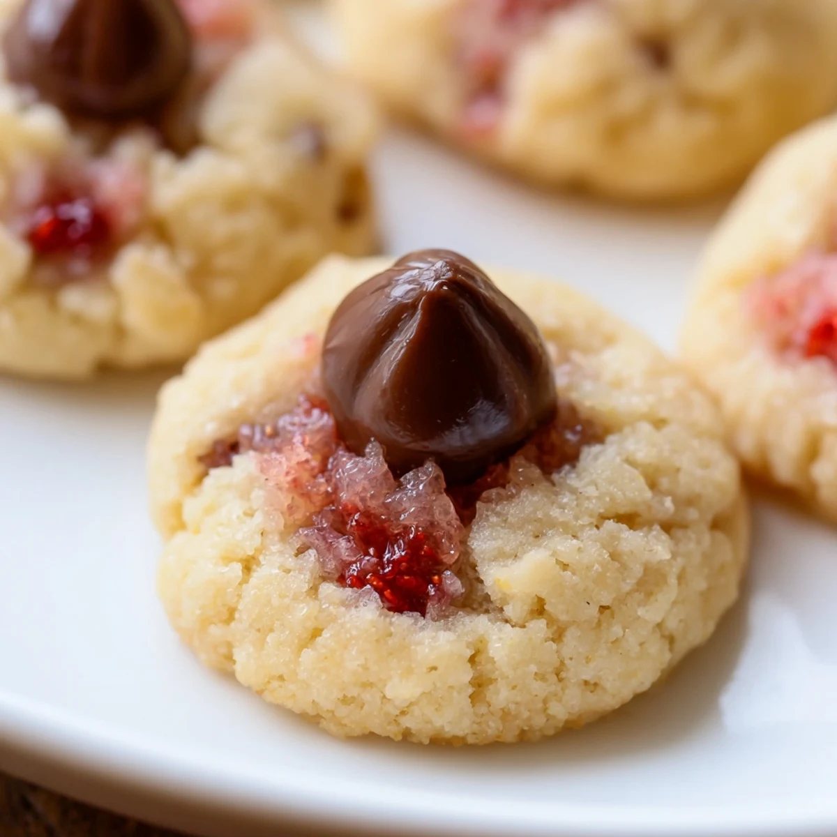 A close-up of Strawberry Kiss Cookies with a melted chocolate kiss nestled in a soft, pink-tinged cookie crumb.