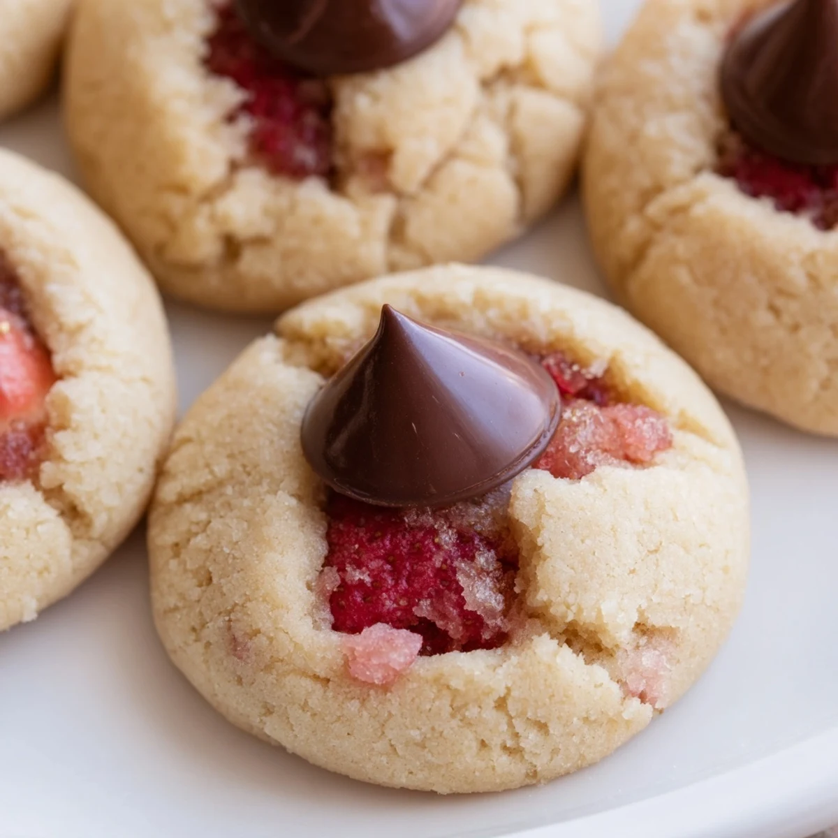 Fresh Strawberry Kiss Cookies arranged on a cooling rack, showcasing their buttery texture and sweet chocolate centers.