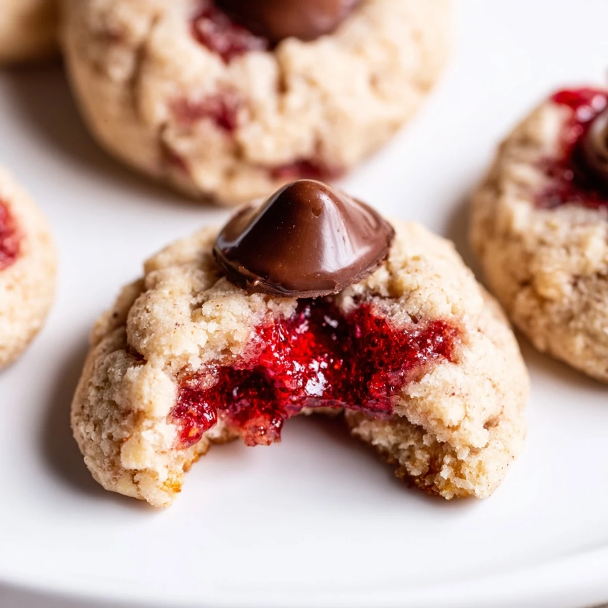 Golden-baked Strawberry Kiss Cookies on a dessert table with fresh strawberries, ideal for springtime treats and gatherings.