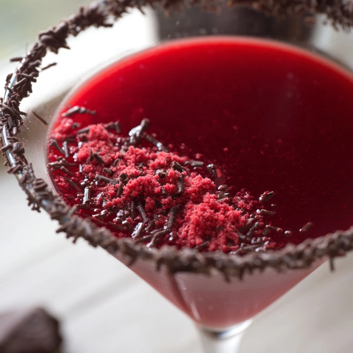 A chilled Decadent Red Velvet Martini in a sugar-rimmed glass, garnished with chocolate shavings and red velvet crumbs.